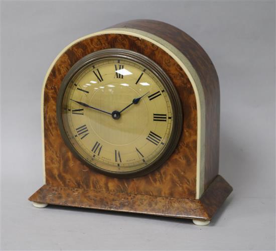 A George V Swiss burrwood, ivory and shagreen mantel clock width 15cm height 15cm